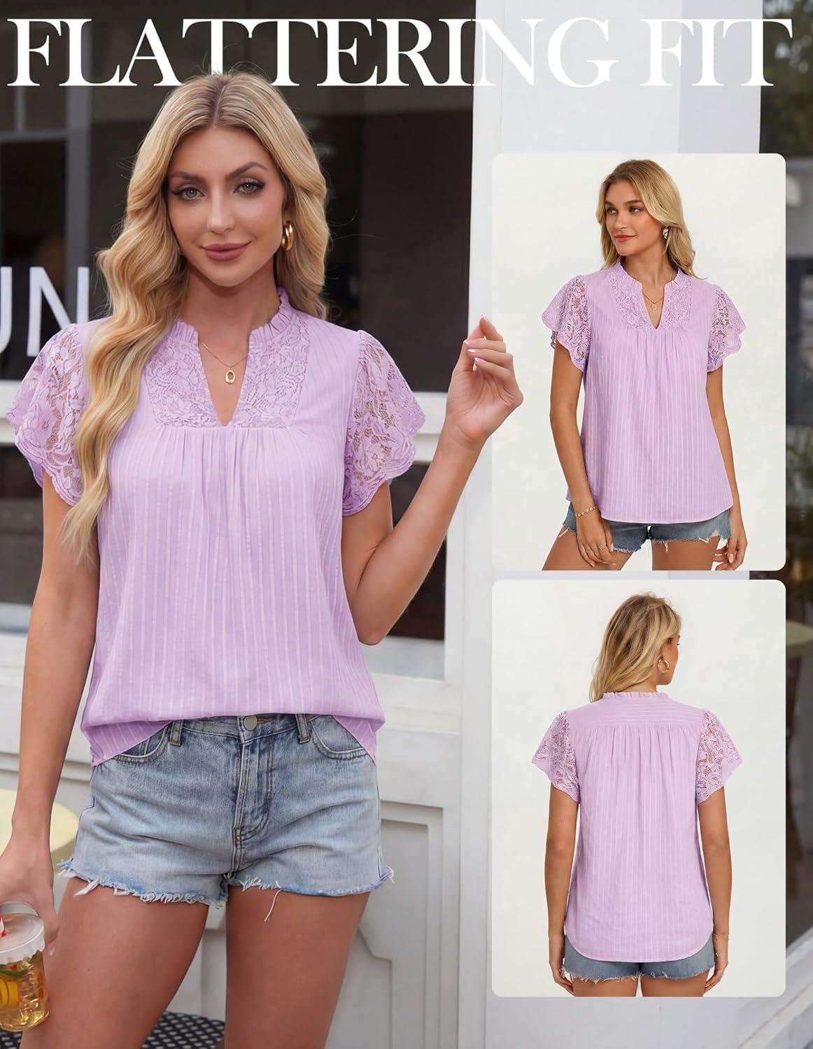 image:imageGRACE KARIN Womens Lace Short Sleeve Tops Summer Dressy Casual Cotton Blouses Flowy V Neck Dress Shirts Trendy Clothing 2026Purple