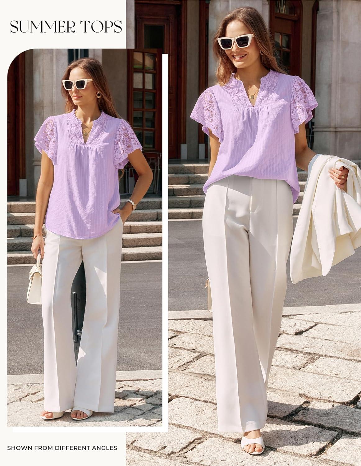 image:imageGRACE KARIN Womens Lace Short Sleeve Tops Summer Dressy Casual Cotton Blouses Flowy V Neck Dress Shirts Trendy Clothing 2026Purple