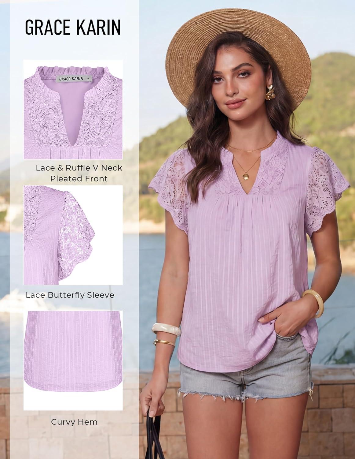 image:imageGRACE KARIN Womens Lace Short Sleeve Tops Summer Dressy Casual Cotton Blouses Flowy V Neck Dress Shirts Trendy Clothing 2026Purple