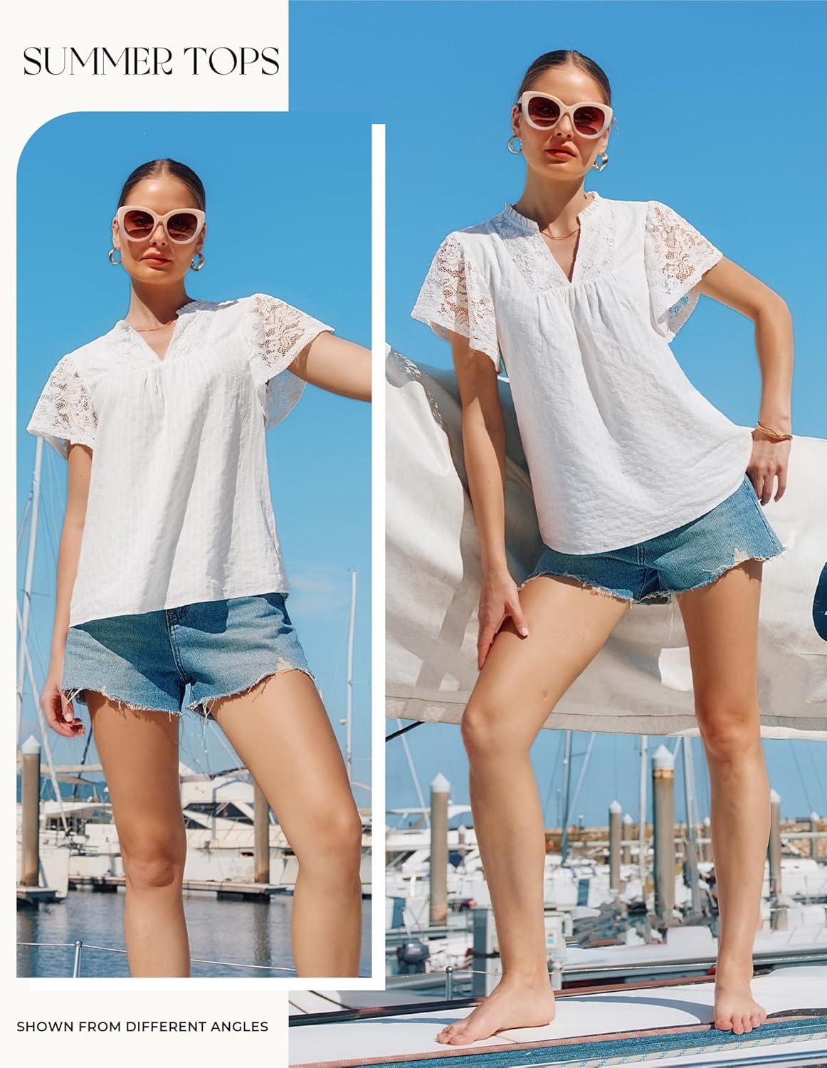 image:imageGRACE KARIN Womens Lace Short Sleeve Tops Summer Dressy Casual Cotton Blouses Flowy V Neck Dress Shirts Trendy Clothing 2026White