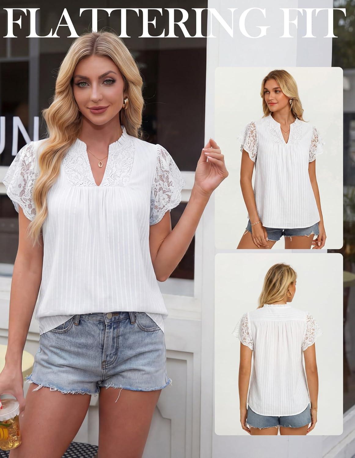 image:imageGRACE KARIN Womens Lace Short Sleeve Tops Summer Dressy Casual Cotton Blouses Flowy V Neck Dress Shirts Trendy Clothing 2026White