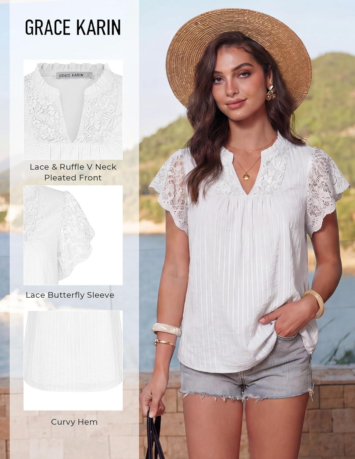 image:imageGRACE KARIN Womens Lace Short Sleeve Tops Summer Dressy Casual Cotton Blouses Flowy V Neck Dress Shirts Trendy Clothing 2026White