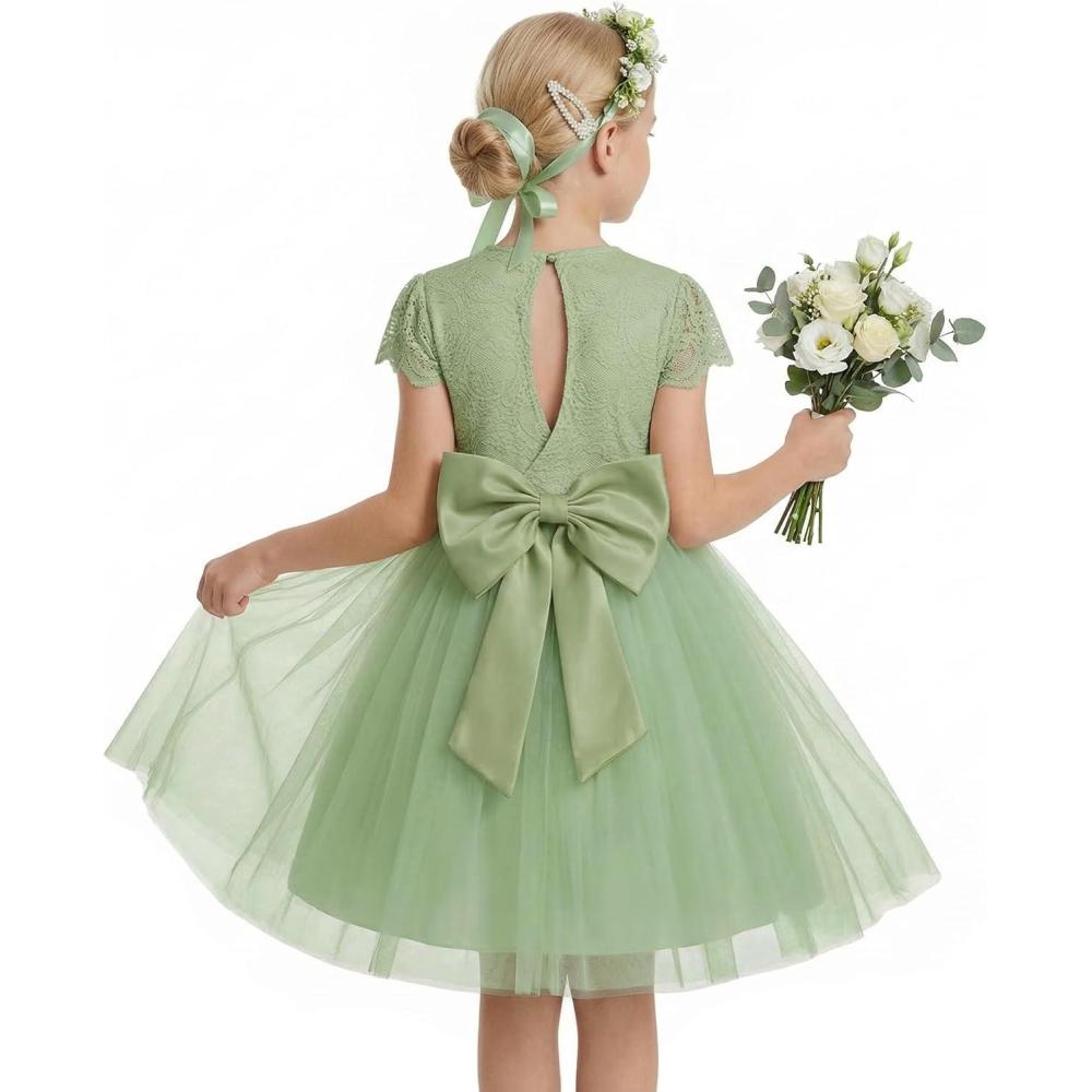 image:imageGRACE KARIN Flower Girl Dress with Big BowKids Lace Tulle Princess GownWedding Formal Birthday Party Pageant 510YSage Green