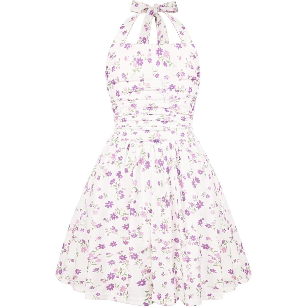 image:imageGRACE KARIN Girls Floral Summer Dress Spring Holiday Beach Party Sundress Halter Neck Tie Backless Dresses 716 YearsPurple