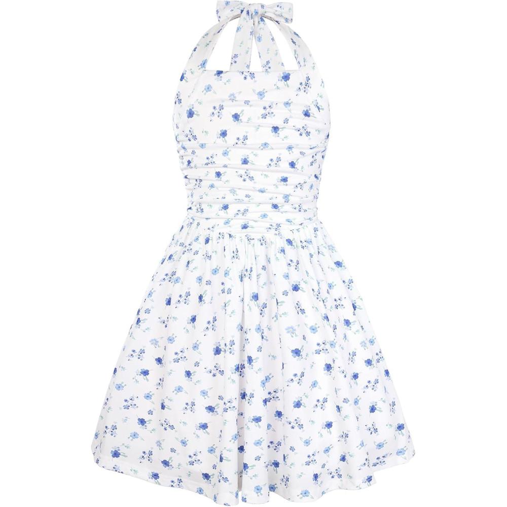 image:imageGRACE KARIN Girls Floral Summer Dress Spring Holiday Beach Party Sundress Halter Neck Tie Backless Dresses 716 YearsWhite and Blue Floral