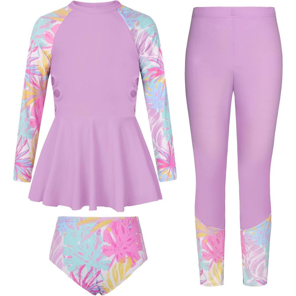 image:imageGRACE KARIN Girls Long Sleeve Swimsuit 3 Pieces Rash Guard Set Bathing Suits for Teens Size 714Purple Flower