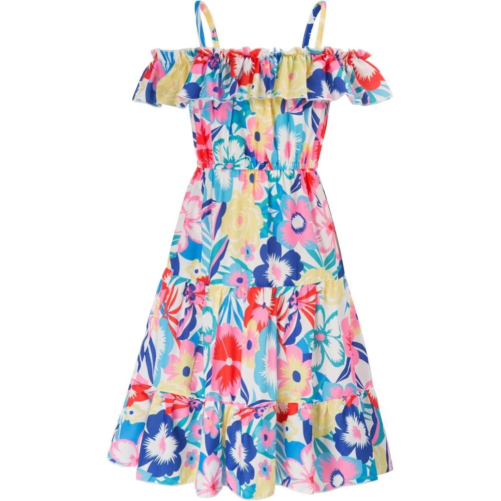 image:imageGRACE KARIN Girls Summer Dress Off Shoulder Ruffle Floral Spaghetti Strap Casual Sundress Tiered Midi DressBig Flower Pattern on White