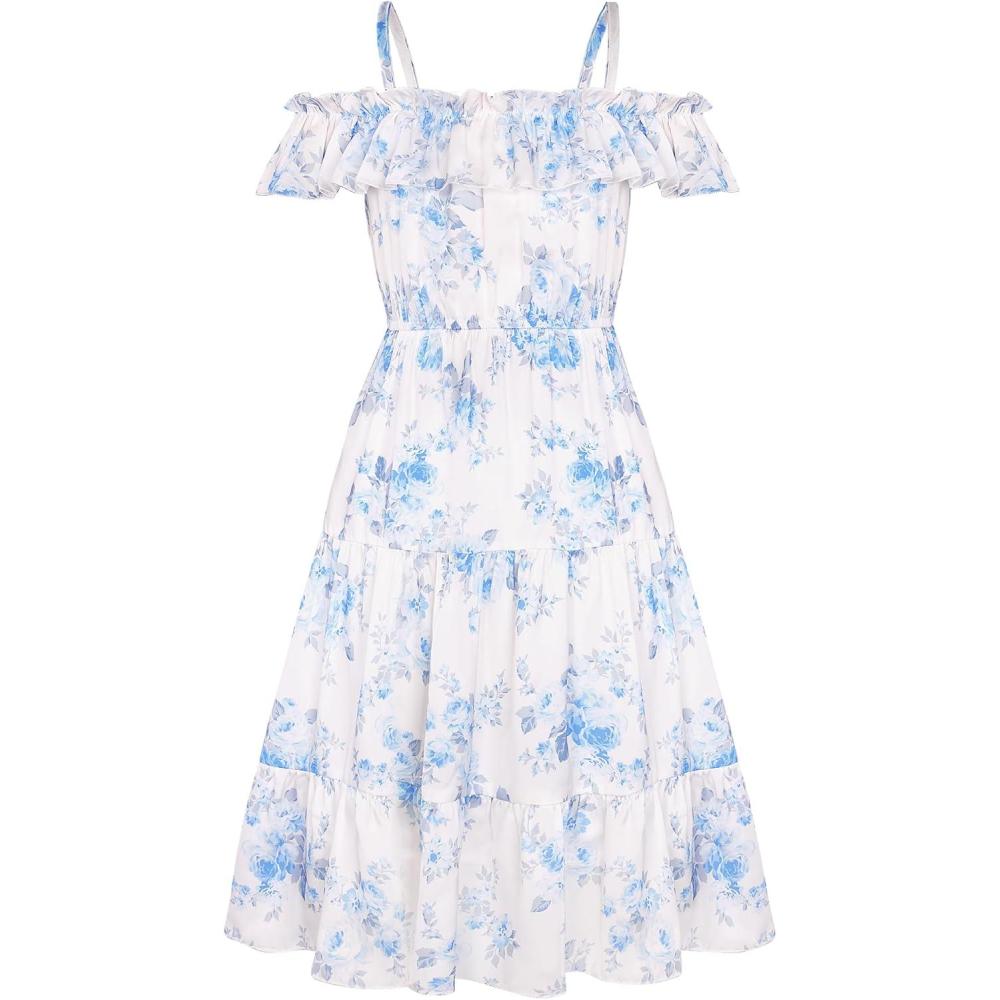 image:imageGRACE KARIN Girls Summer Dress Off Shoulder Ruffle Floral Spaghetti Strap Casual Sundress Tiered Midi DressBlue Flowers
