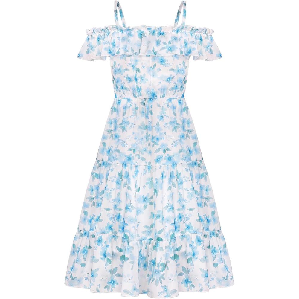 image:imageGRACE KARIN Girls Summer Dress Off Shoulder Ruffle Floral Spaghetti Strap Casual Sundress Tiered Midi DressBlue and Green Flowers