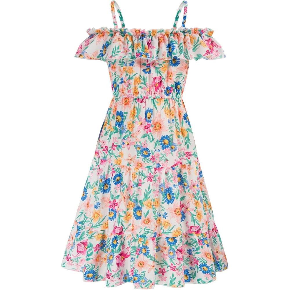 image:imageGRACE KARIN Girls Summer Dress Off Shoulder Ruffle Floral Spaghetti Strap Casual Sundress Tiered Midi DressFloral Pattern in White