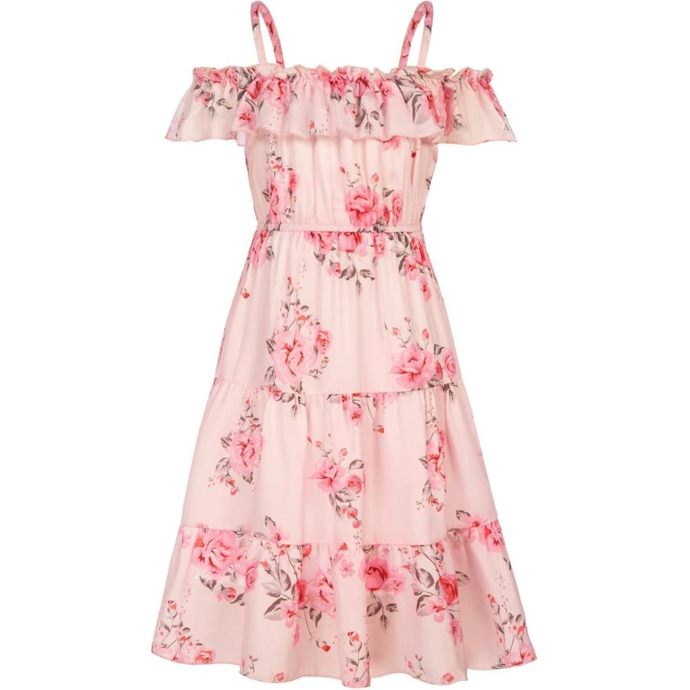 image:imageGRACE KARIN Girls Summer Dress Off Shoulder Ruffle Floral Spaghetti Strap Casual Sundress Tiered Midi DressFloral on Light Pink