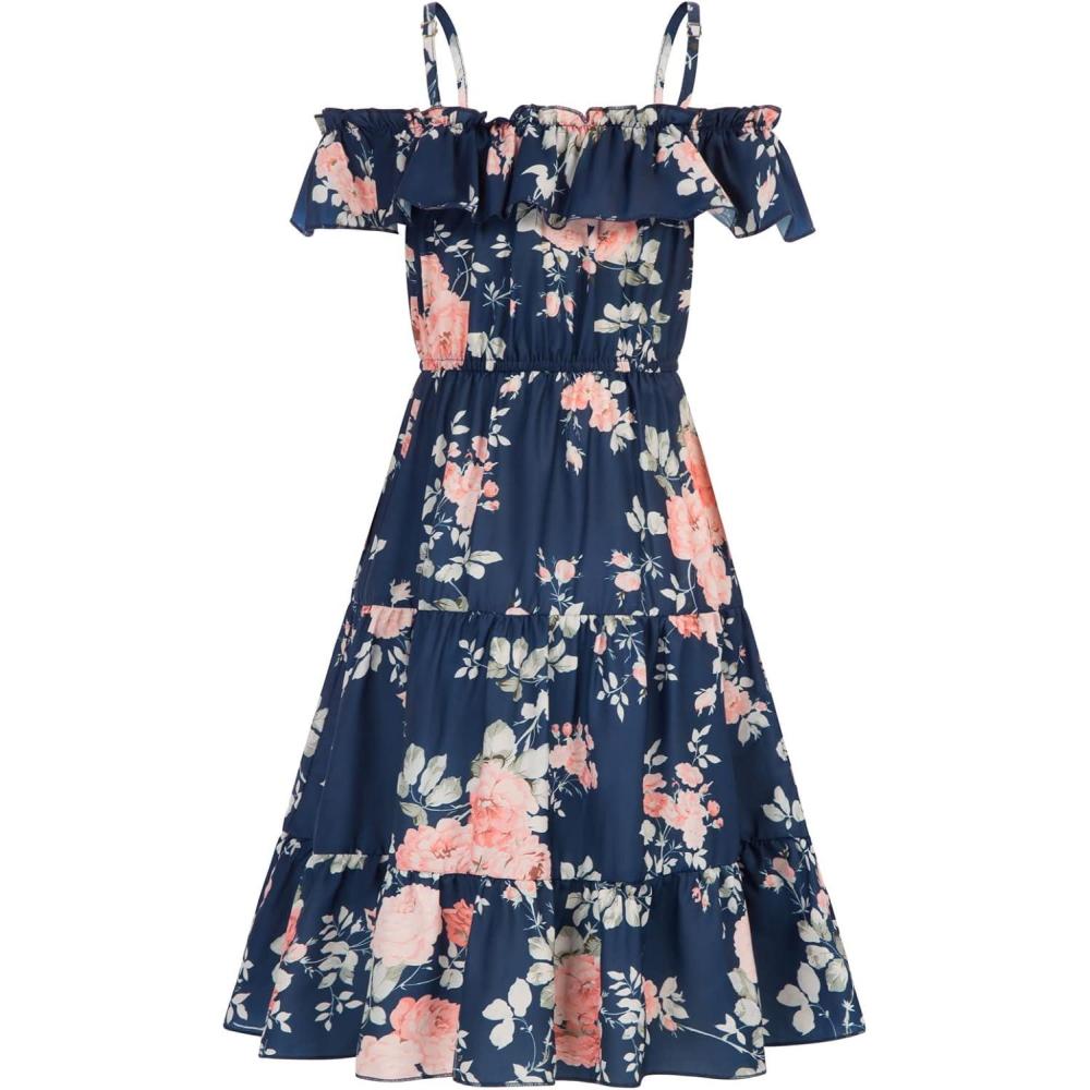 image:imageGRACE KARIN Girls Summer Dress Off Shoulder Ruffle Floral Spaghetti Strap Casual Sundress Tiered Midi DressFloral on Navy Blue