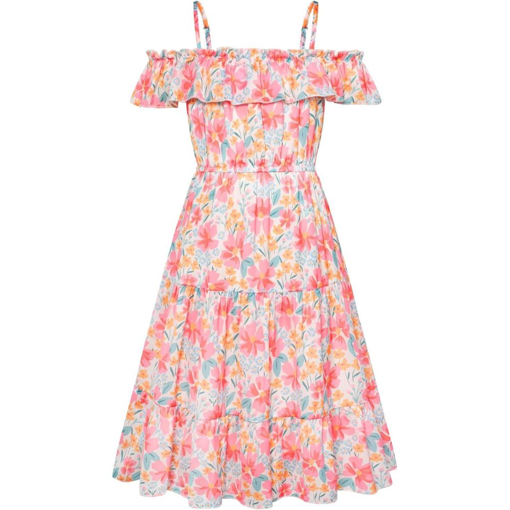 image:imageGRACE KARIN Girls Summer Dress Off Shoulder Ruffle Floral Spaghetti Strap Casual Sundress Tiered Midi DressFlowers on White