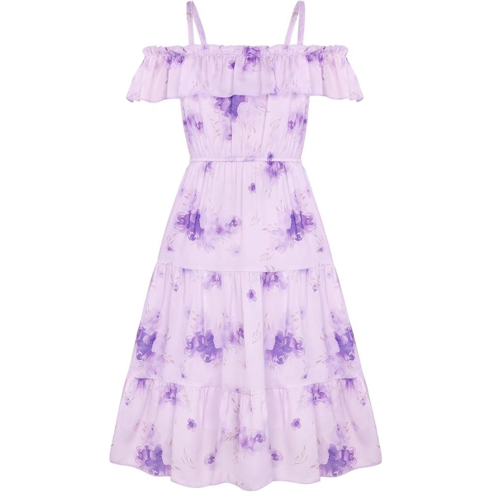 image:imageGRACE KARIN Girls Summer Dress Off Shoulder Ruffle Floral Spaghetti Strap Casual Sundress Tiered Midi DressPurple Flowers