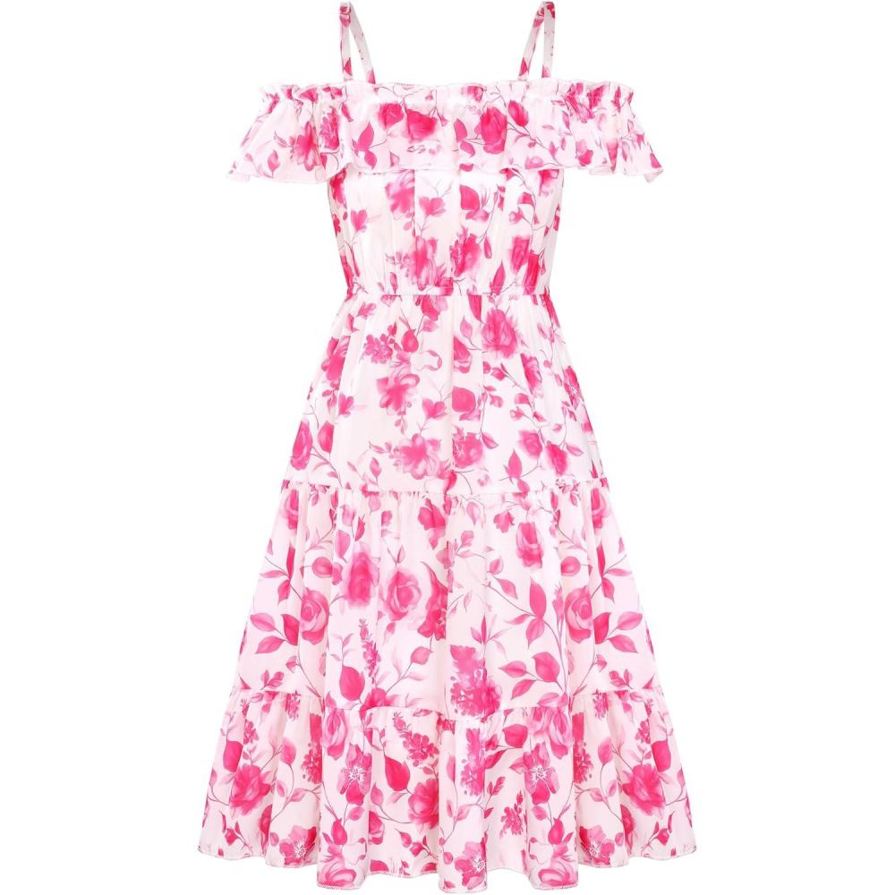 image:imageGRACE KARIN Girls Summer Dress Off Shoulder Ruffle Floral Spaghetti Strap Casual Sundress Tiered Midi DressRosered Flowers