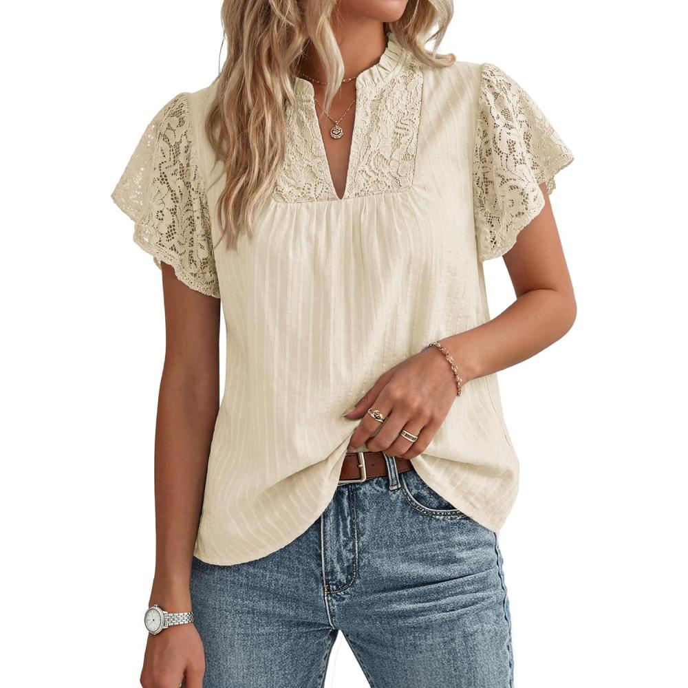 image:imageGRACE KARIN Womens Lace Short Sleeve Tops Summer Dressy Casual Cotton Blouses Flowy V Neck Dress Shirts Trendy Clothing 2026Apricot