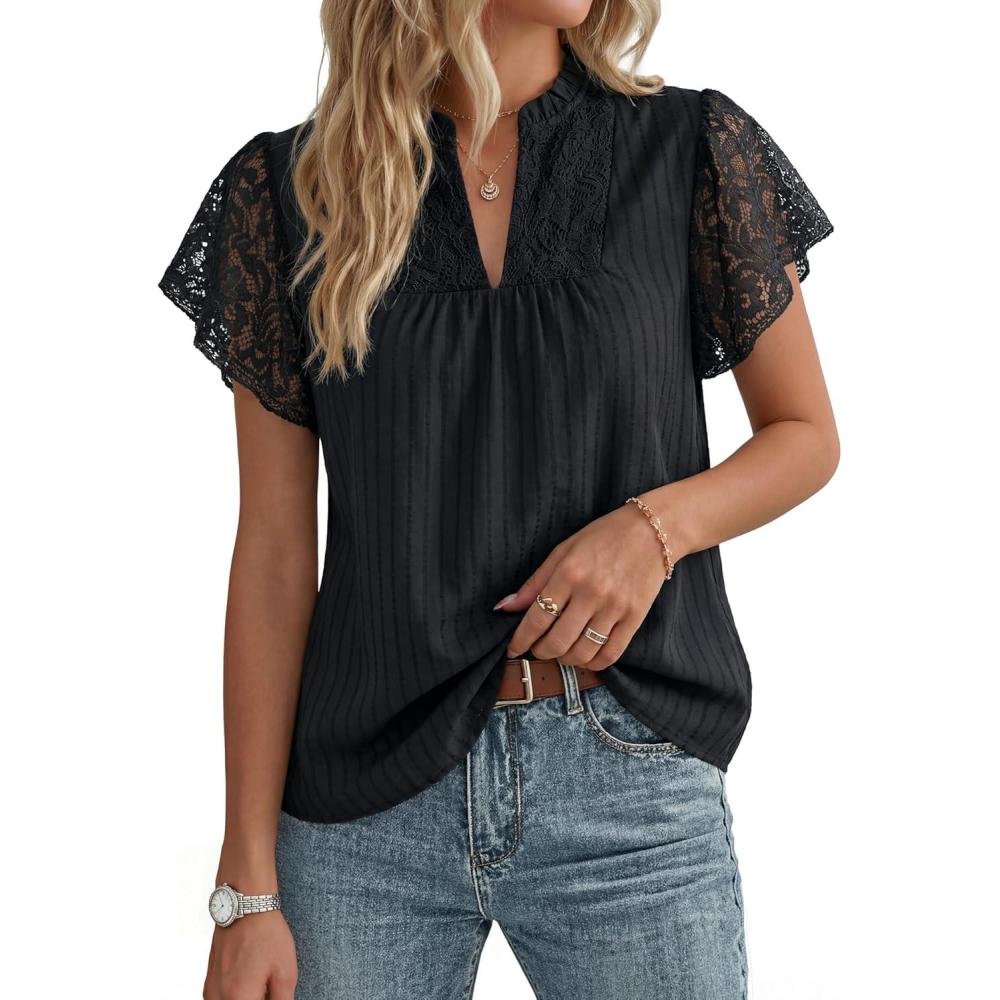 image:imageGRACE KARIN Womens Lace Short Sleeve Tops Summer Dressy Casual Cotton Blouses Flowy V Neck Dress Shirts Trendy Clothing 2026Black