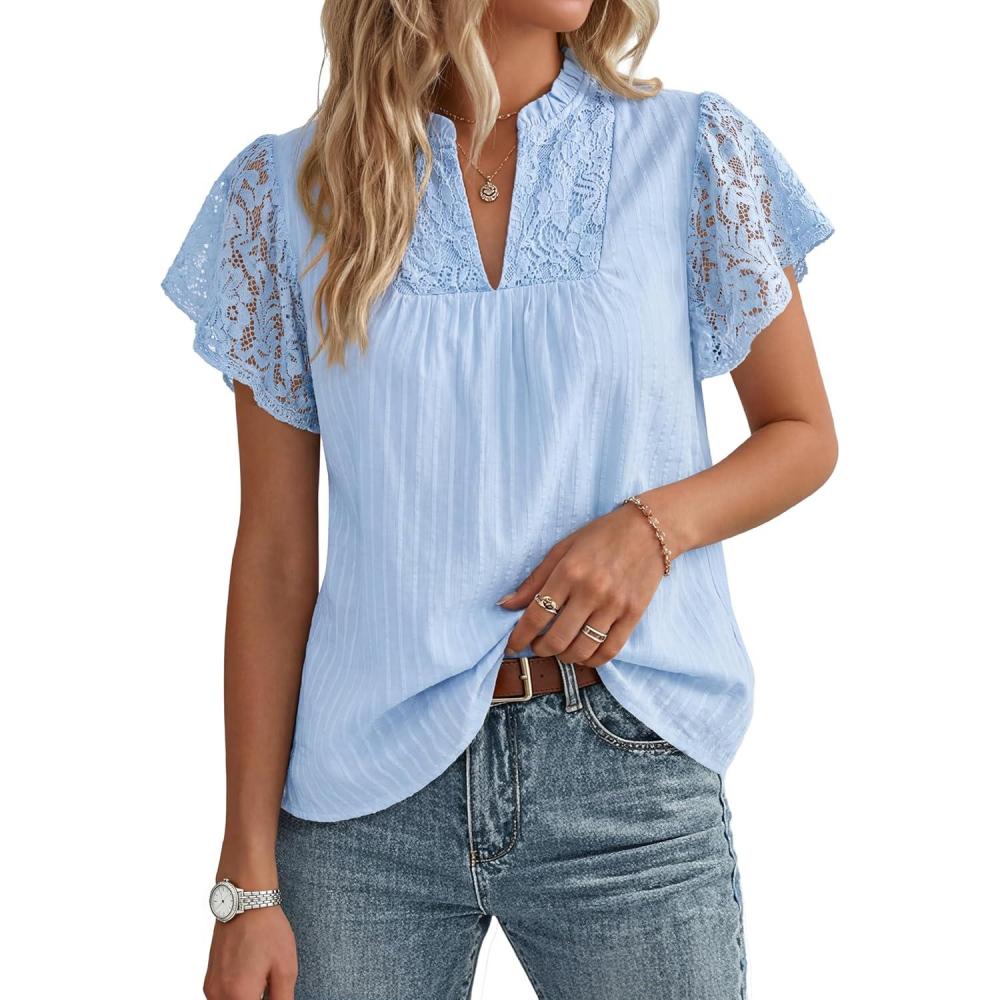 image:imageGRACE KARIN Womens Lace Short Sleeve Tops Summer Dressy Casual Cotton Blouses Flowy V Neck Dress Shirts Trendy Clothing 2026Light Blue