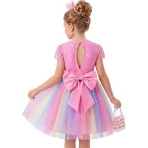image:imageGRACE KARIN Flower Girl Dress with Big BowKids Lace Tulle Princess GownWedding Formal Birthday Party Pageant 510YRainbow Pink