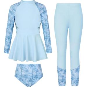 image:imageGRACE KARIN Girls Long Sleeve Swimsuit 3 Pieces Rash Guard Set Bathing Suits for Teens Size 714Blue Coconut Trees