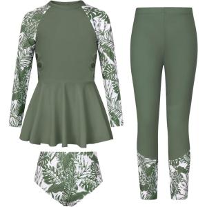 image:imageGRACE KARIN Girls Long Sleeve Swimsuit 3 Pieces Rash Guard Set Bathing Suits for Teens Size 714Green Floral