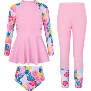 image:imageGRACE KARIN Girls Long Sleeve Swimsuit 3 Pieces Rash Guard Set Bathing Suits for Teens Size 714Pink Flower