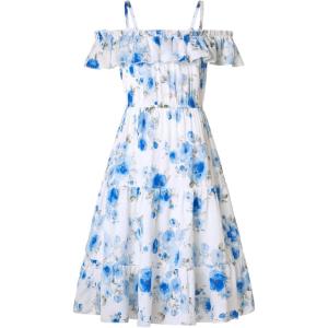 image:imageGRACE KARIN Girls Summer Dress Off Shoulder Ruffle Floral Spaghetti Strap Casual Sundress Tiered Midi DressBlue Flowers on White