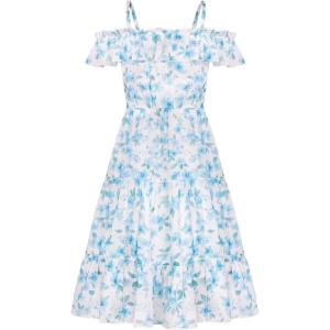 image:imageGRACE KARIN Girls Summer Dress Off Shoulder Ruffle Floral Spaghetti Strap Casual Sundress Tiered Midi DressBlue and Green Flowers