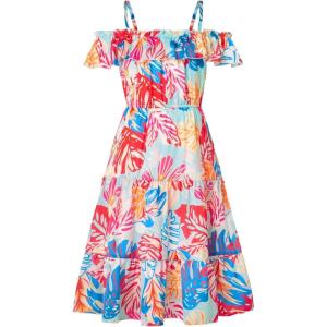 image:imageGRACE KARIN Girls Summer Dress Off Shoulder Ruffle Floral Spaghetti Strap Casual Sundress Tiered Midi DressColored Leaves