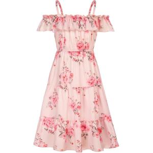 image:imageGRACE KARIN Girls Summer Dress Off Shoulder Ruffle Floral Spaghetti Strap Casual Sundress Tiered Midi DressFloral on Light Pink