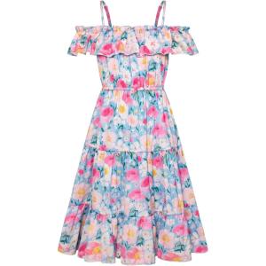 image:imageGRACE KARIN Girls Summer Dress Off Shoulder Ruffle Floral Spaghetti Strap Casual Sundress Tiered Midi DressFlowers on Blue