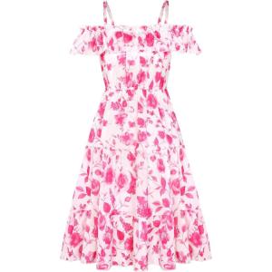image:imageGRACE KARIN Girls Summer Dress Off Shoulder Ruffle Floral Spaghetti Strap Casual Sundress Tiered Midi DressRosered Flowers