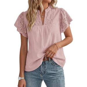 image:imageGRACE KARIN Womens Lace Short Sleeve Tops Summer Dressy Casual Cotton Blouses Flowy V Neck Dress Shirts Trendy Clothing 2026Dusty Pink