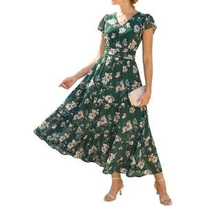 image:imageGRACE KARIN 2026 Women Summer DressMaxi Short Sleeve Floral DressesSemi Formal Flowy Wedding Guest Dress with PocketDark Green With White Flowers