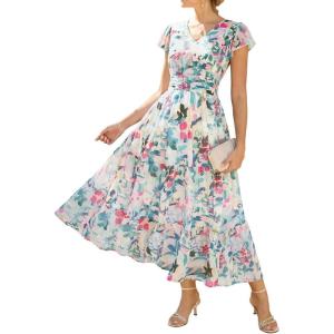 image:imageGRACE KARIN 2026 Women Summer DressMaxi Short Sleeve Floral DressesSemi Formal Flowy Wedding Guest Dress with PocketDense Dotted Flowers