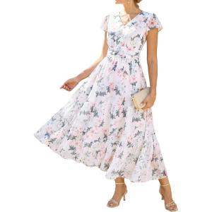 image:imageGRACE KARIN 2026 Women Summer DressMaxi Short Sleeve Floral DressesSemi Formal Flowy Wedding Guest Dress with PocketWhite With Pink Blue Flowers