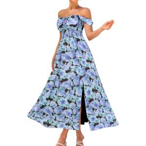 image:imageGRACE KARIN 2026 Womens Summer Floral Wedding Guest DressBeach Flowy A Line Maxi Off Shoulder Bridesmaid DressesBlack Purple