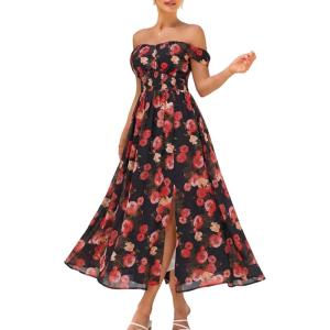 image:imageGRACE KARIN 2026 Womens Summer Floral Wedding Guest DressBeach Flowy A Line Maxi Off Shoulder Bridesmaid DressesBlack Red Rose