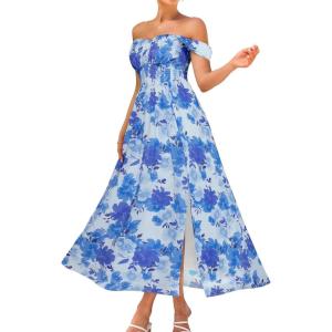 image:imageGRACE KARIN 2026 Womens Summer Floral Wedding Guest DressBeach Flowy A Line Maxi Off Shoulder Bridesmaid DressesBlue Flower
