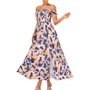 image:imageGRACE KARIN 2026 Womens Summer Floral Wedding Guest DressBeach Flowy A Line Maxi Off Shoulder Bridesmaid DressesBlue Orange