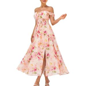 image:imageGRACE KARIN 2026 Womens Summer Floral Wedding Guest DressBeach Flowy A Line Maxi Off Shoulder Bridesmaid DressesFloral Pink