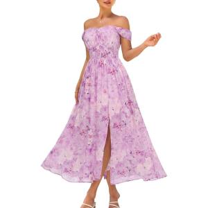 image:imageGRACE KARIN 2026 Womens Summer Floral Wedding Guest DressBeach Flowy A Line Maxi Off Shoulder Bridesmaid DressesFloral Purple