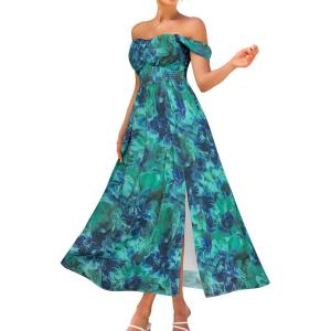 image:imageGRACE KARIN 2026 Womens Summer Floral Wedding Guest DressBeach Flowy A Line Maxi Off Shoulder Bridesmaid DressesGreen Blue