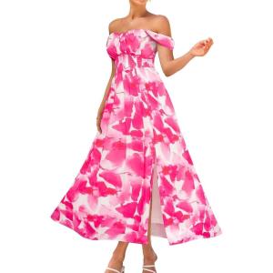 image:imageGRACE KARIN 2026 Womens Summer Floral Wedding Guest DressBeach Flowy A Line Maxi Off Shoulder Bridesmaid DressesPink Watercolour
