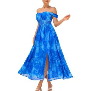 image:imageGRACE KARIN 2026 Womens Summer Floral Wedding Guest DressBeach Flowy A Line Maxi Off Shoulder Bridesmaid DressesRoyal Blue Floral