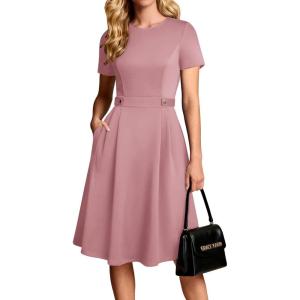 image:imageGRACE KARIN Church Dresses for Women 2026 Short Sleeve A Line Work Dresses Fit and Flare Dress with PocketsGray Pink