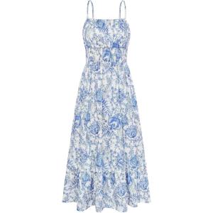 image:imageGRACE KARIN Summer Dresses for Women 2026 VacationSmocked Floral Maxi DressBoho Beach Sundress with Pocket Fashion ClothingBlue White