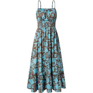 image:imageGRACE KARIN Summer Dresses for Women 2026 VacationSmocked Floral Maxi DressBoho Beach Sundress with Pocket Fashion ClothingBrown Blue