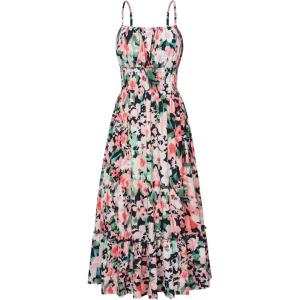 image:imageGRACE KARIN Summer Dresses for Women 2026 VacationSmocked Floral Maxi DressBoho Beach Sundress with Pocket Fashion ClothingGreen Black Floral