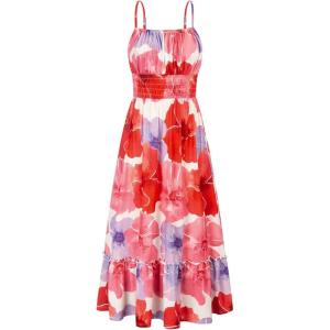 image:imageGRACE KARIN Summer Dresses for Women 2026 VacationSmocked Floral Maxi DressBoho Beach Sundress with Pocket Fashion ClothingRed Floral
